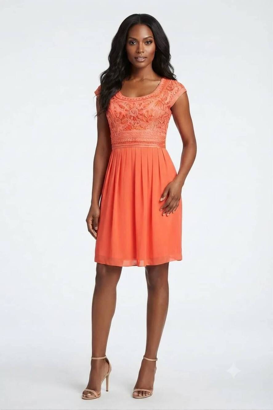 NEW SUE WONG soutache embroidered pleated a-line dress in orange